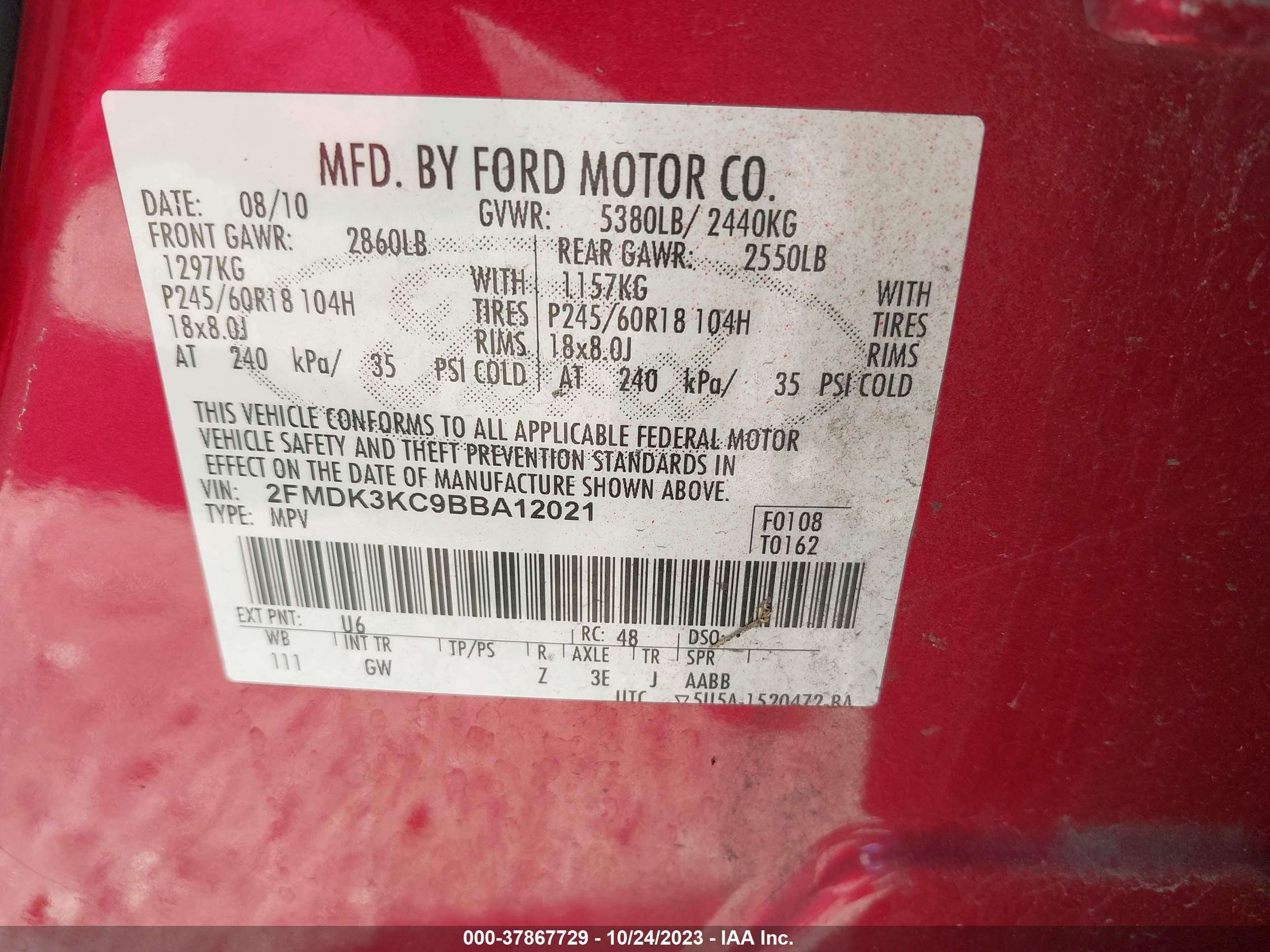 Photo 8 VIN: 2FMDK3KC9BBA12021 - FORD EDGE 