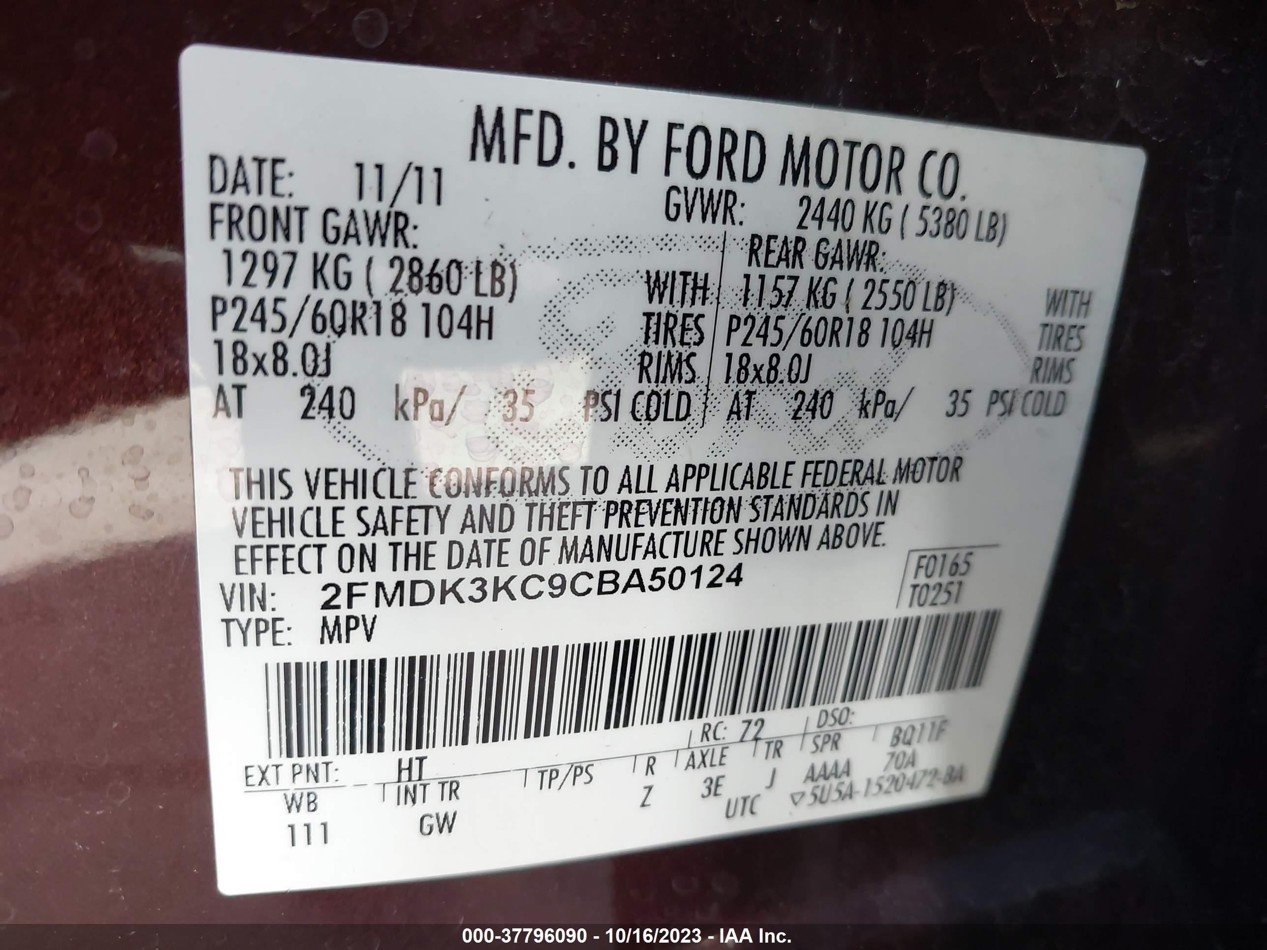 Photo 8 VIN: 2FMDK3KC9CBA50124 - FORD EDGE 