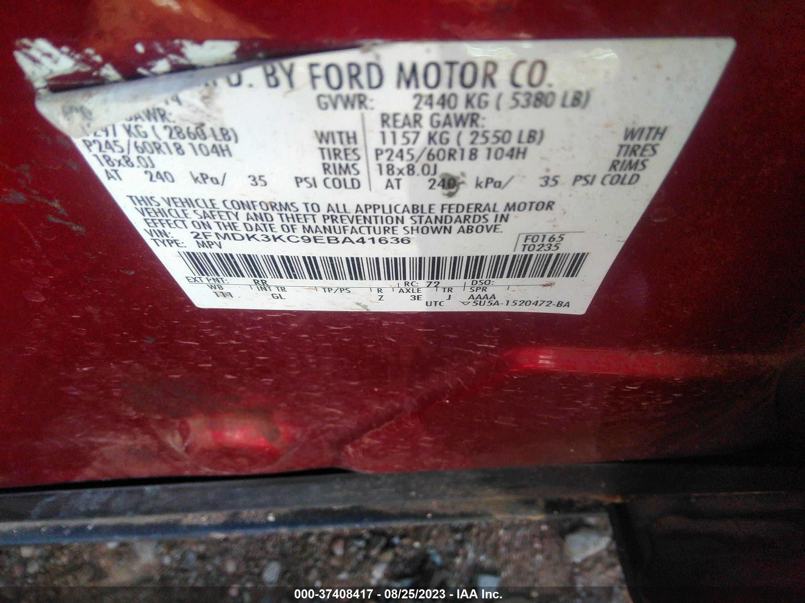 Photo 8 VIN: 2FMDK3KC9EBA41636 - FORD EDGE 