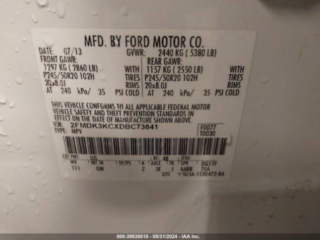 Photo 8 VIN: 2FMDK3KCXDBC73841 - FORD EDGE 