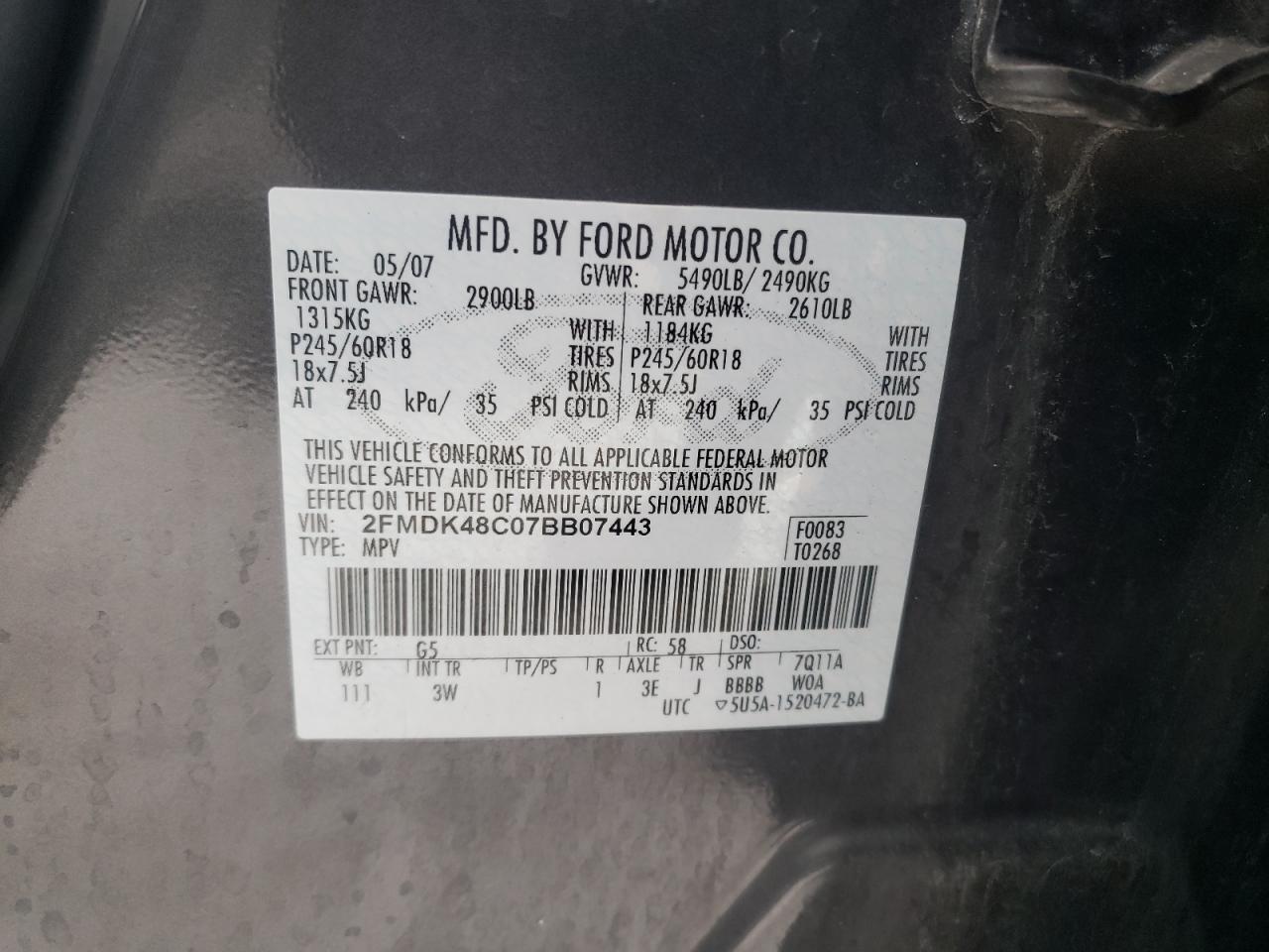 Photo 11 VIN: 2FMDK48C07BB07443 - FORD EDGE 