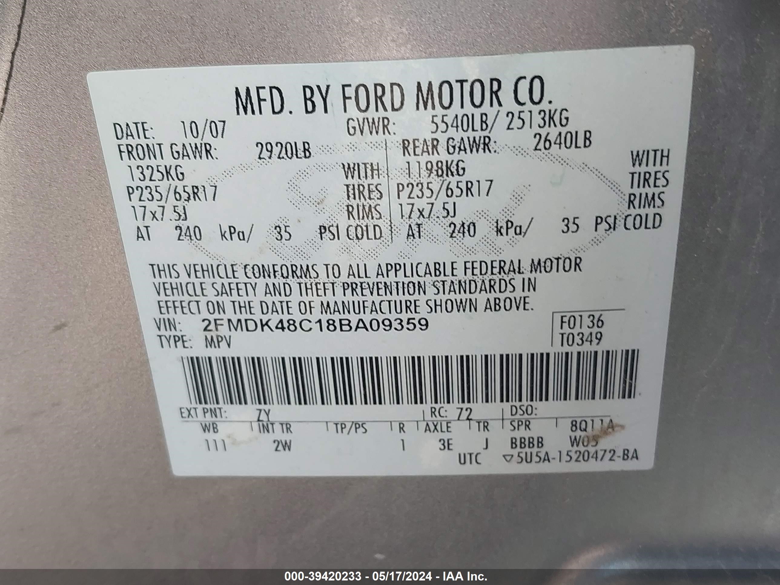 Photo 8 VIN: 2FMDK48C18BA09359 - FORD EDGE 