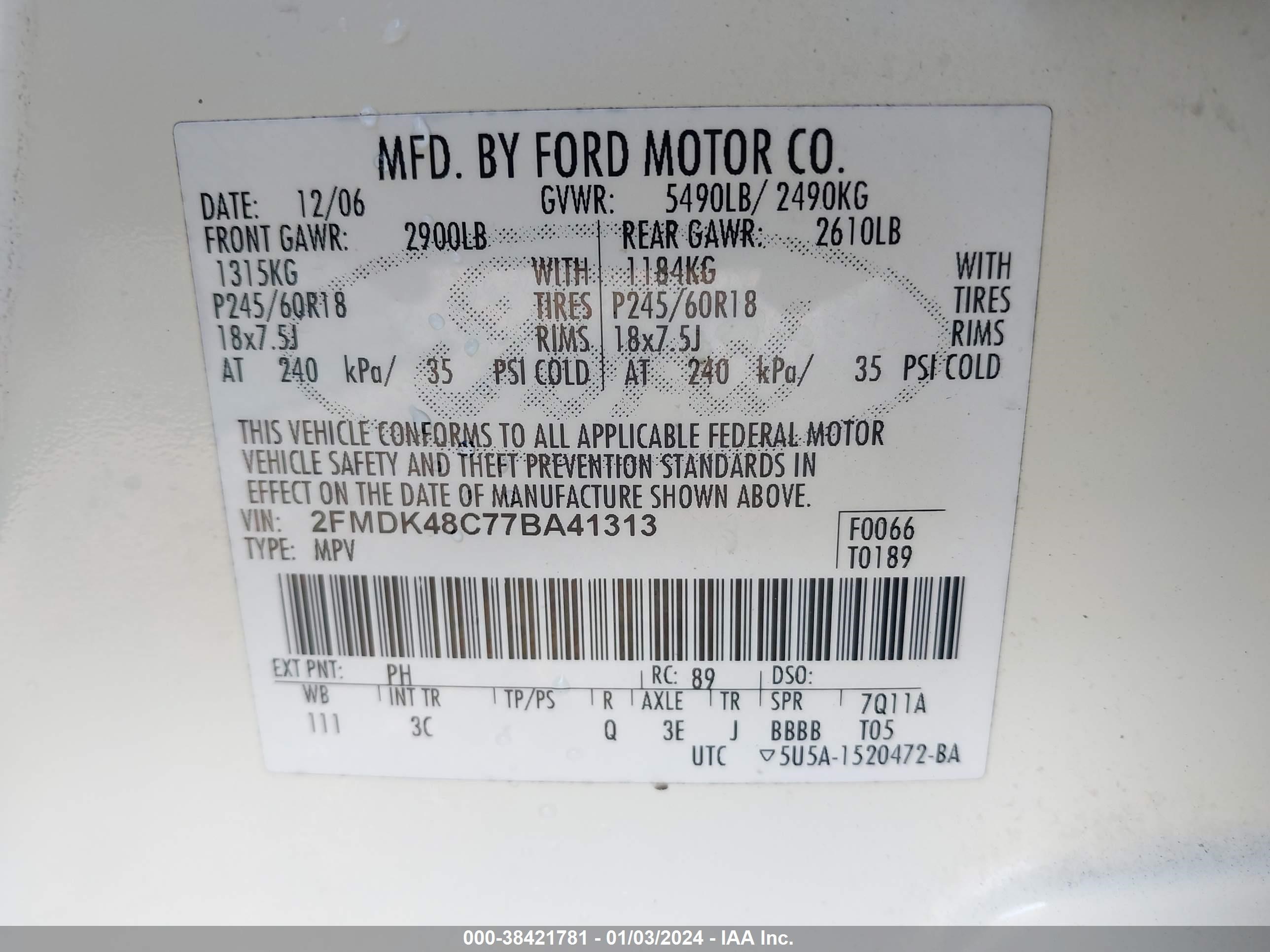 Photo 8 VIN: 2FMDK48C77BA41313 - FORD EDGE 