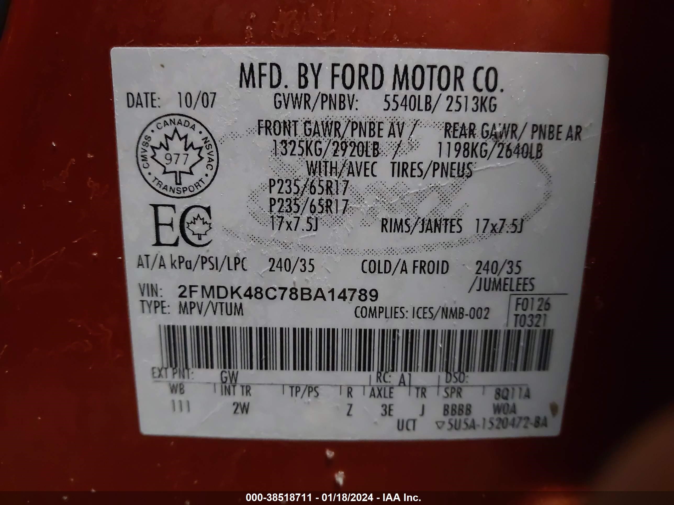 Photo 8 VIN: 2FMDK48C78BA14789 - FORD EDGE 