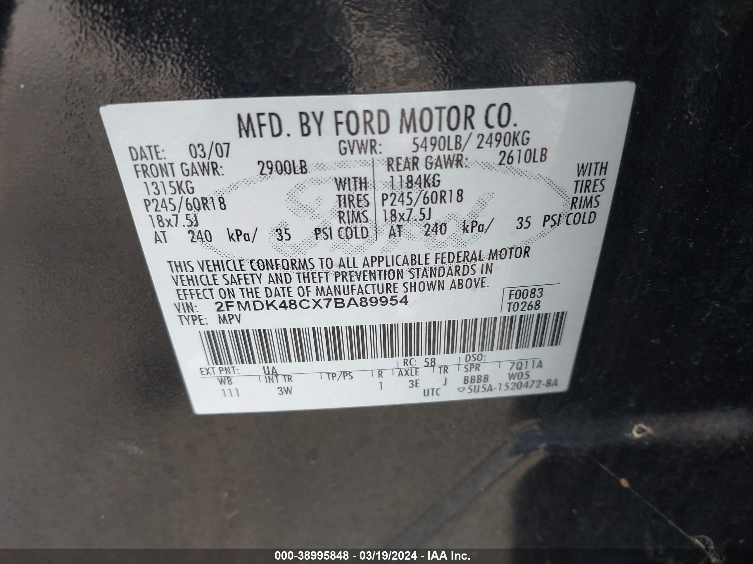 Photo 8 VIN: 2FMDK48CX7BA89954 - FORD EDGE 