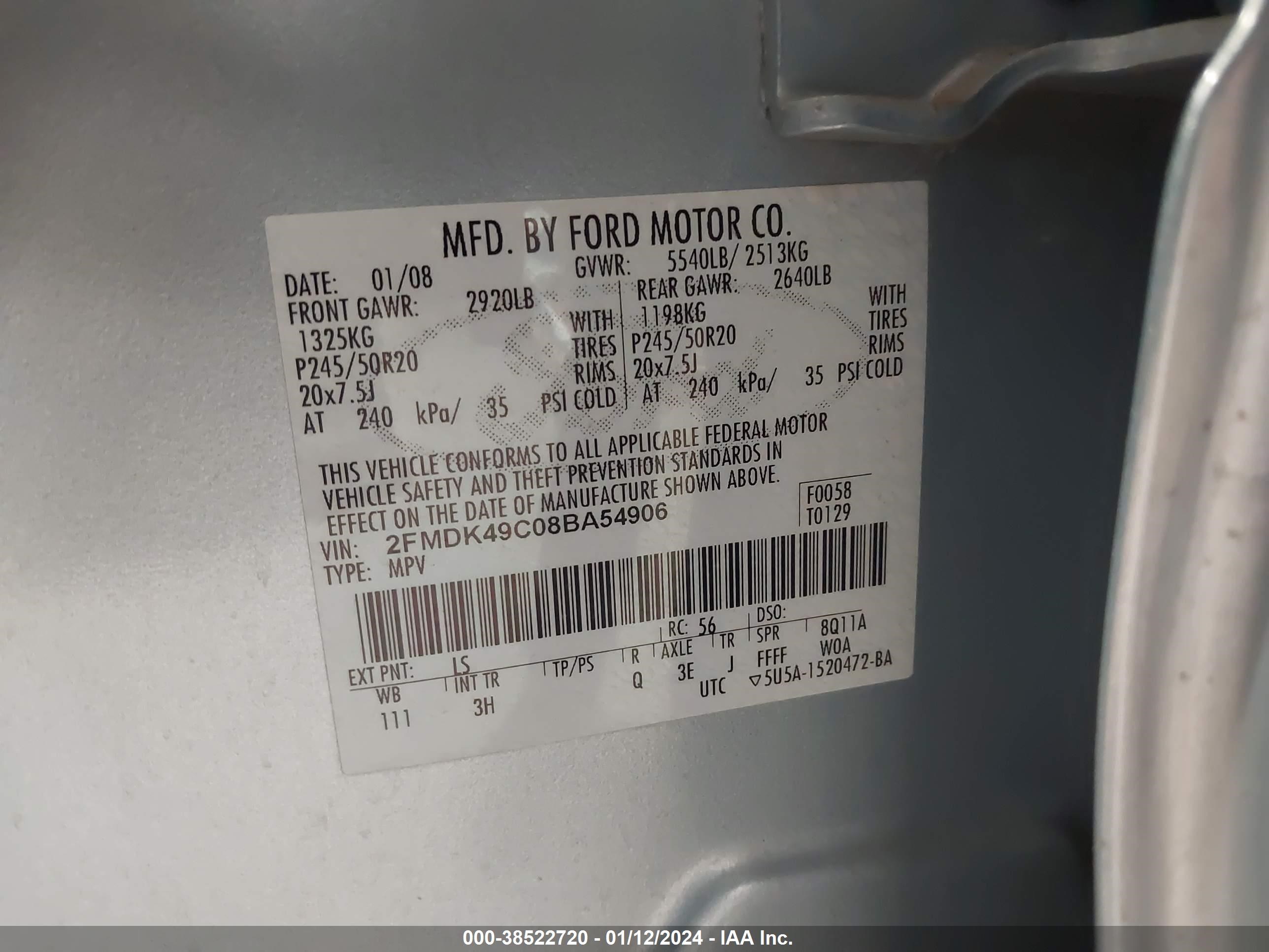 Photo 8 VIN: 2FMDK49C08BA54906 - FORD EDGE 