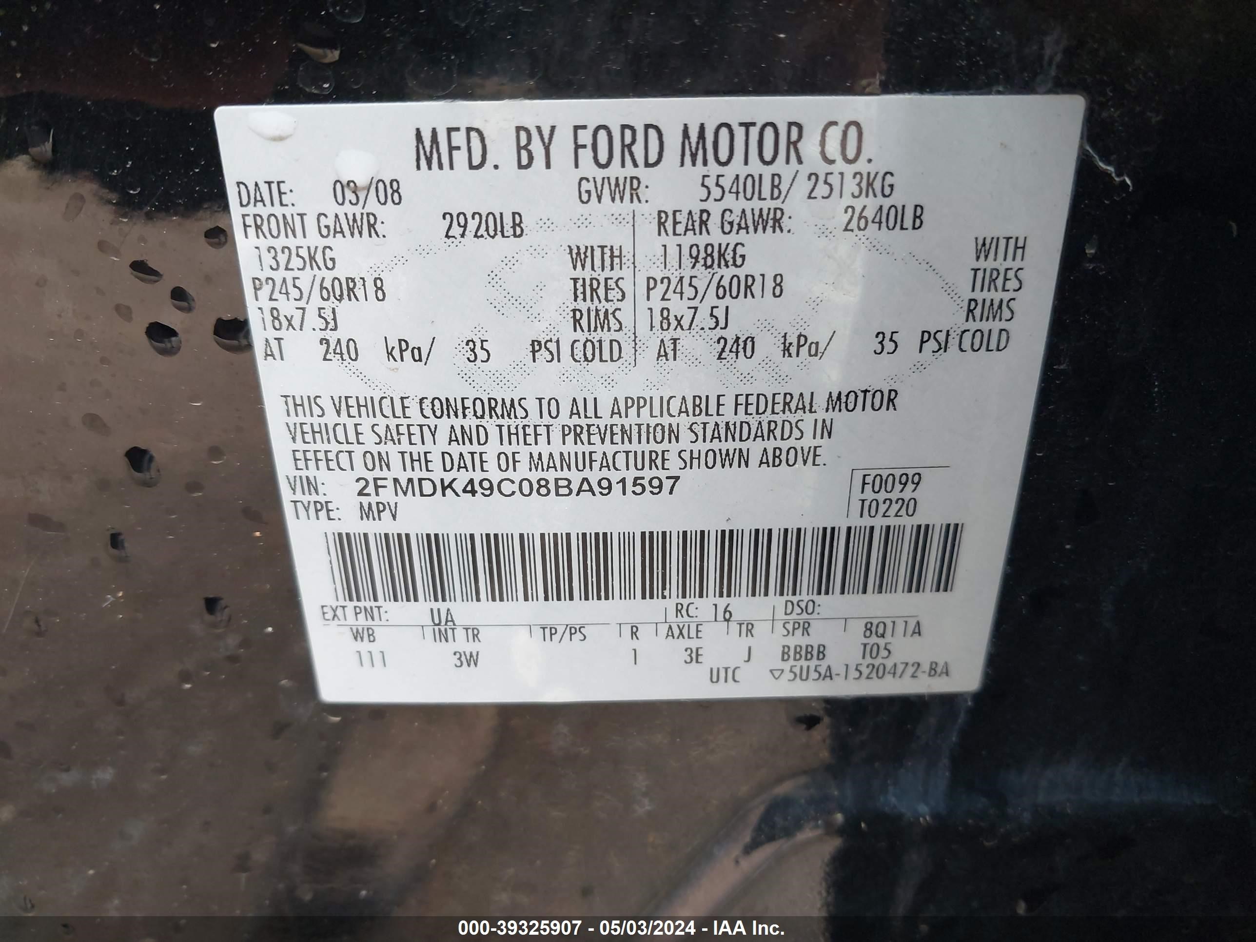 Photo 8 VIN: 2FMDK49C08BA91597 - FORD EDGE 