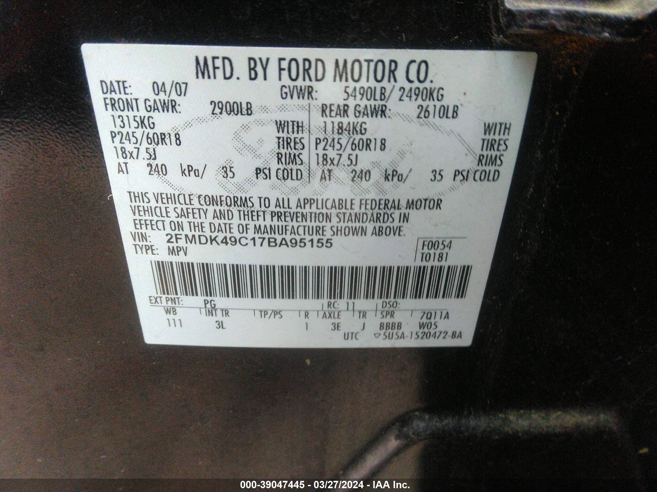 Photo 8 VIN: 2FMDK49C17BA95155 - FORD EDGE 