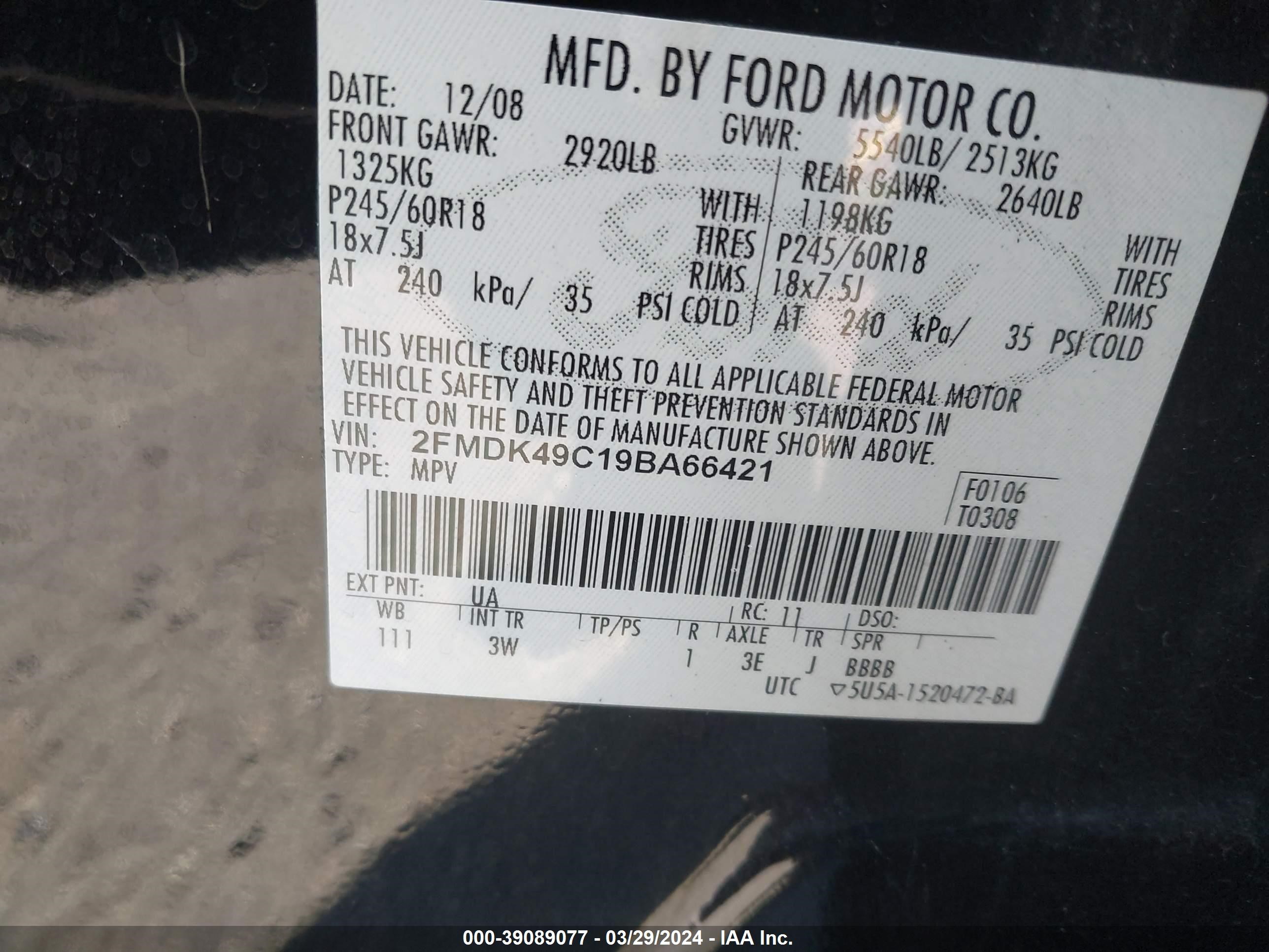 Photo 8 VIN: 2FMDK49C19BA66421 - FORD EDGE 