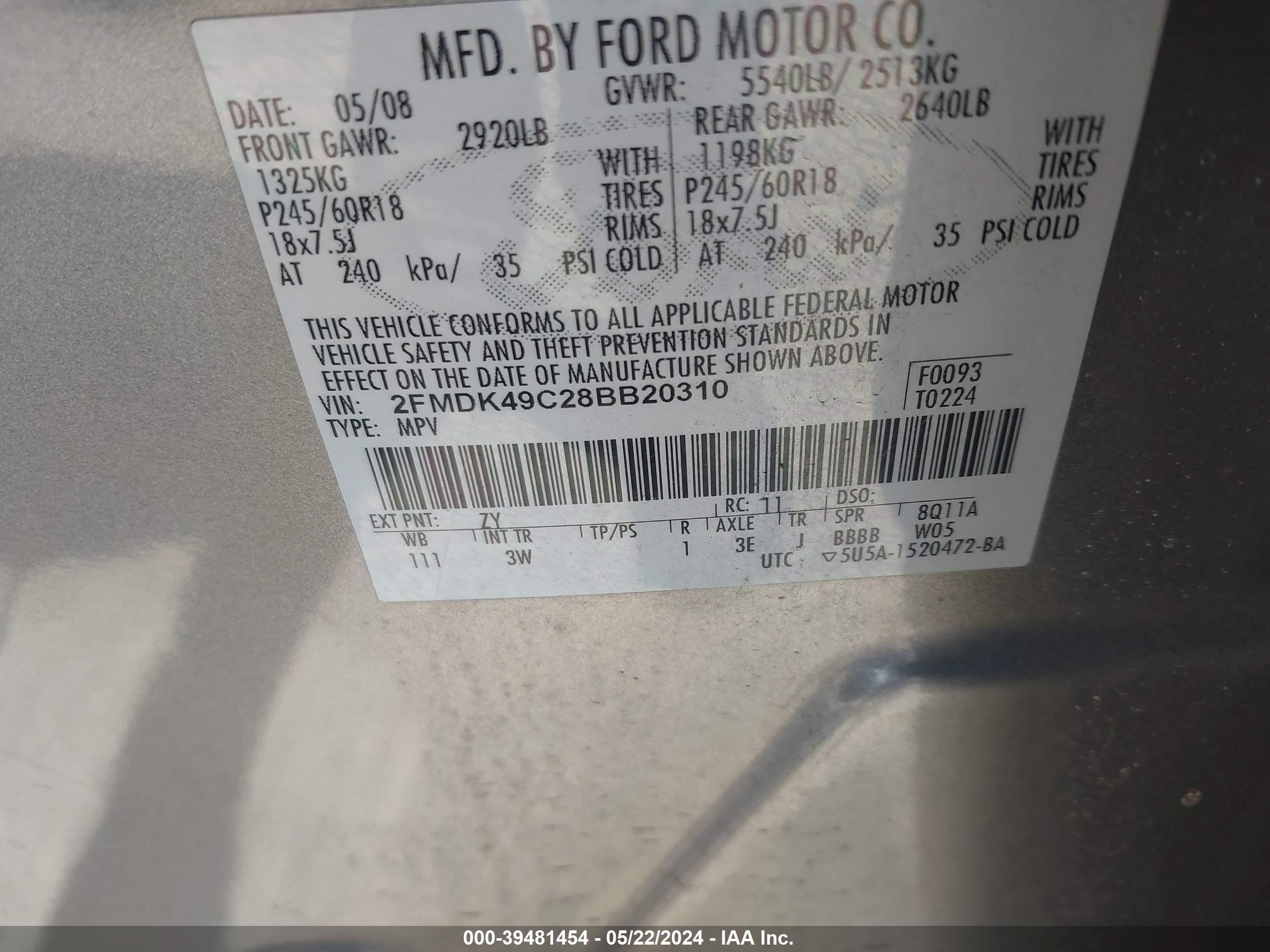 Photo 8 VIN: 2FMDK49C28BB20310 - FORD EDGE 