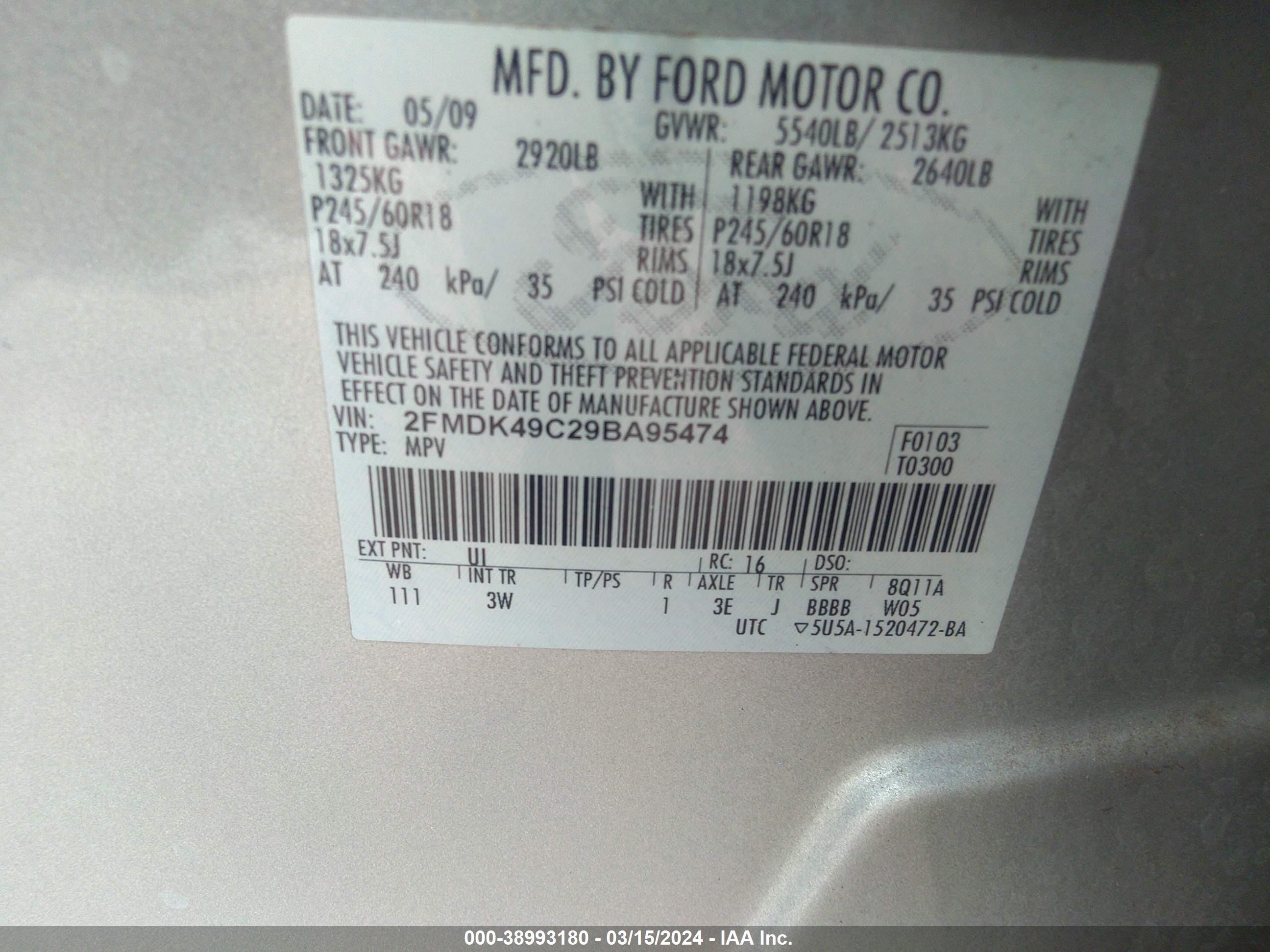 Photo 8 VIN: 2FMDK49C29BA95474 - FORD EDGE 