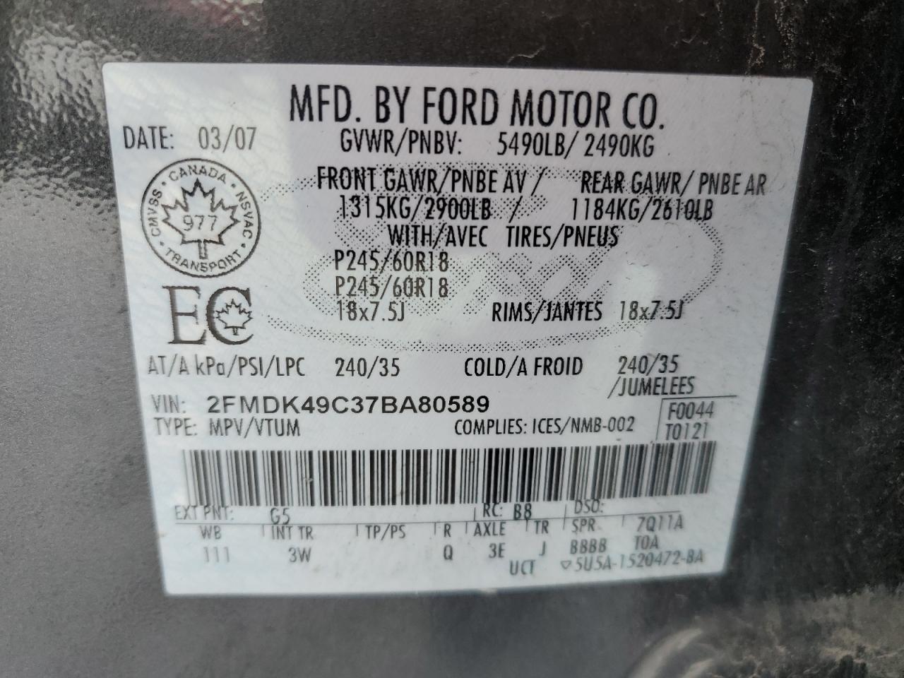 Photo 12 VIN: 2FMDK49C37BA80589 - FORD EDGE 