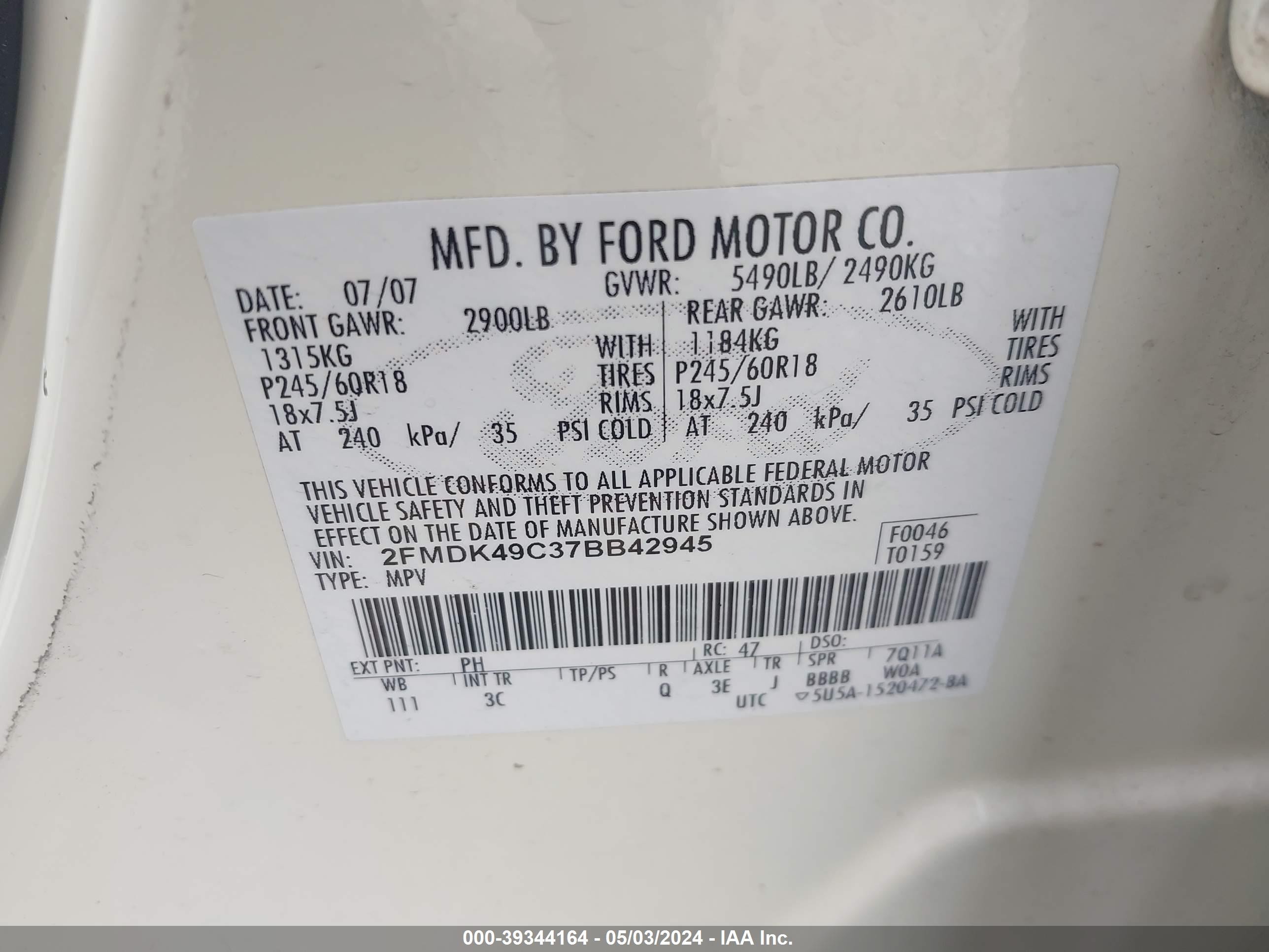 Photo 8 VIN: 2FMDK49C37BB42945 - FORD EDGE 