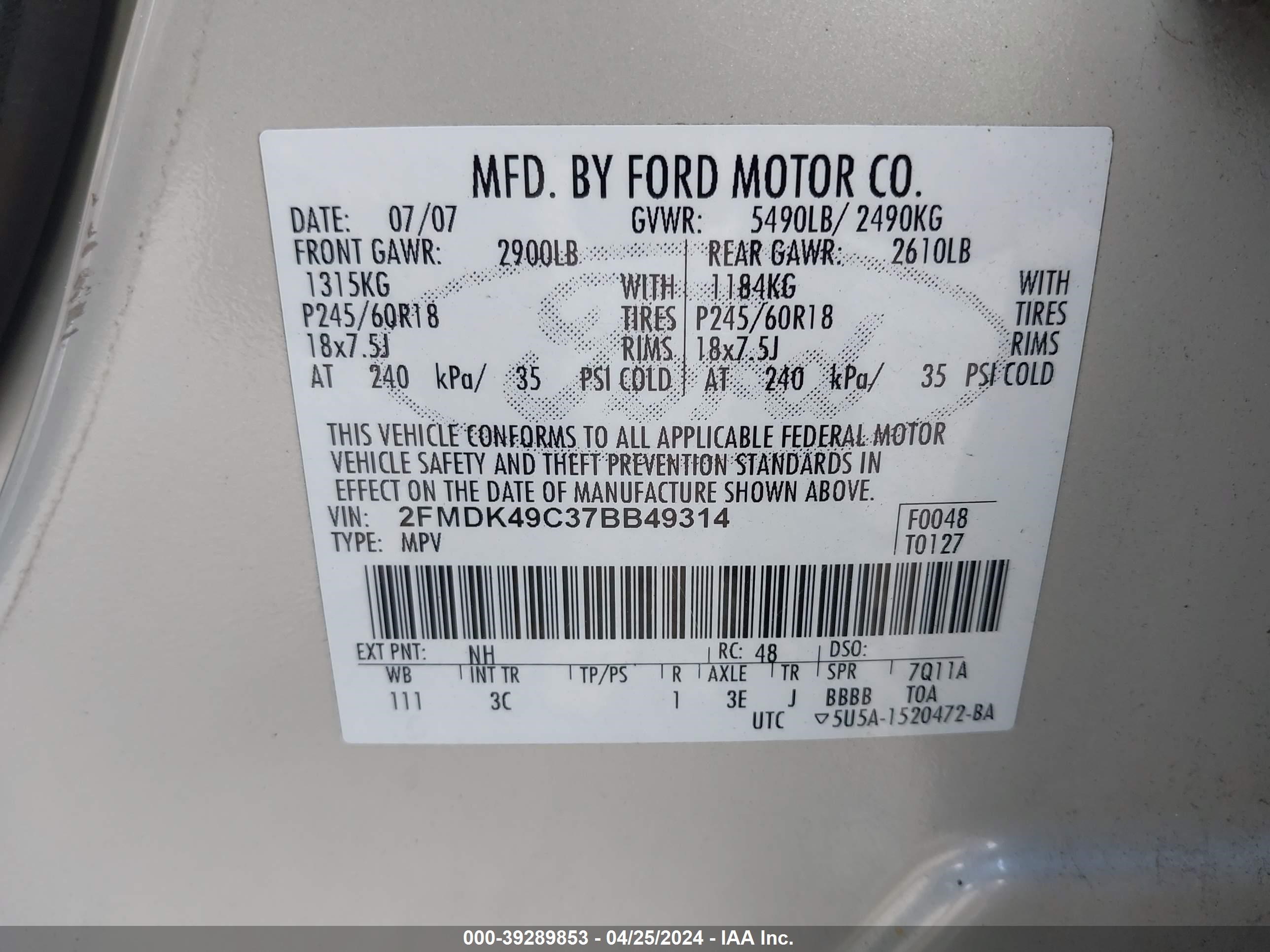 Photo 8 VIN: 2FMDK49C37BB49314 - FORD EDGE 