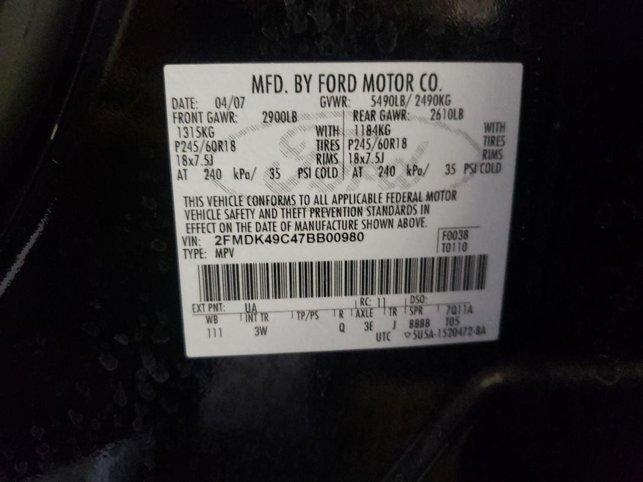 Photo 12 VIN: 2FMDK49C47BB00980 - FORD EDGE 