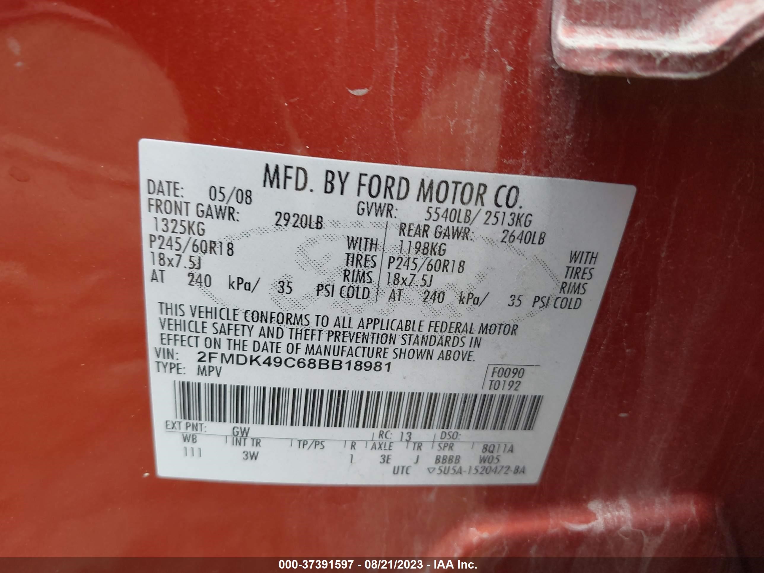 Photo 8 VIN: 2FMDK49C68BB18981 - FORD EDGE 