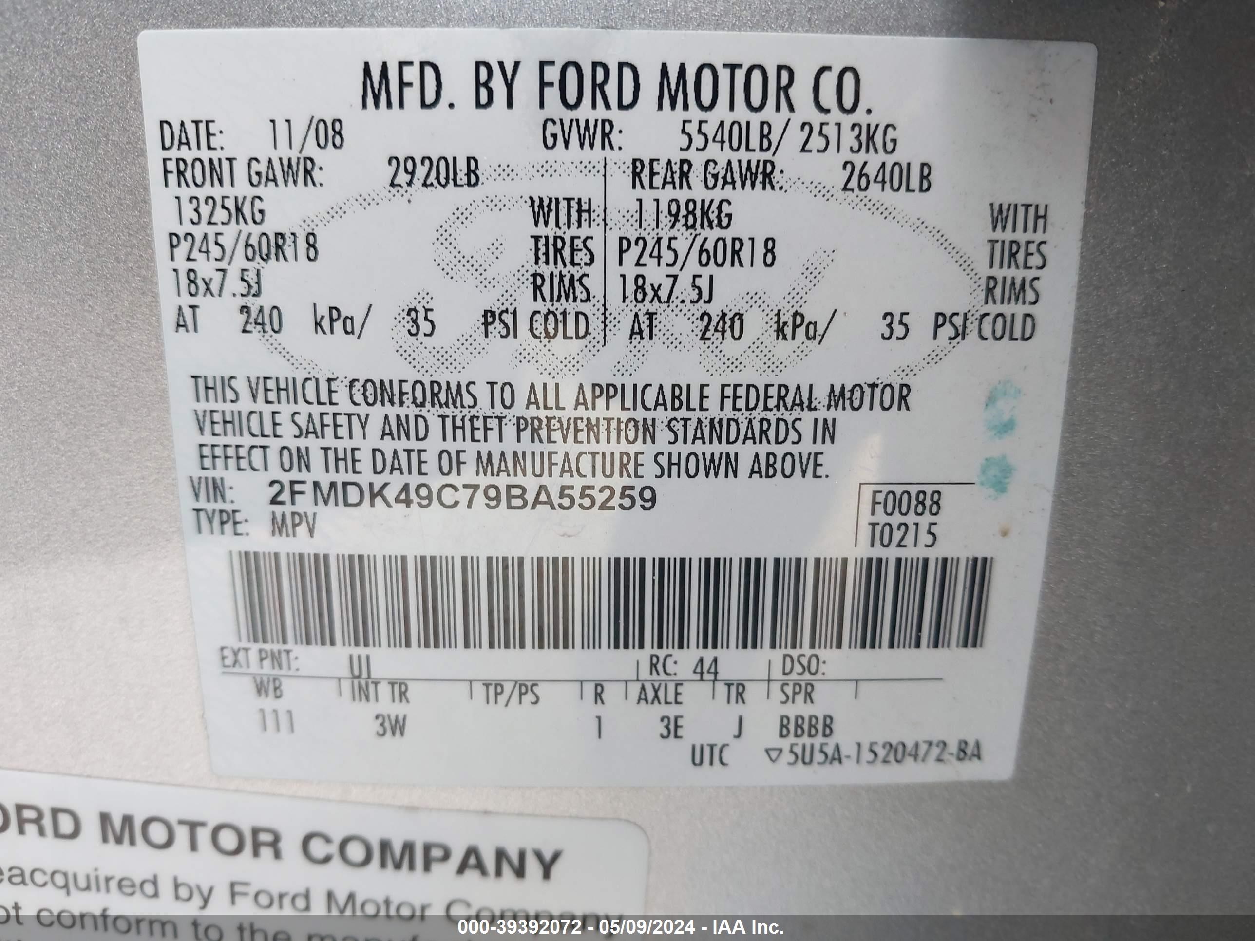 Photo 8 VIN: 2FMDK49C79BA55259 - FORD EDGE 