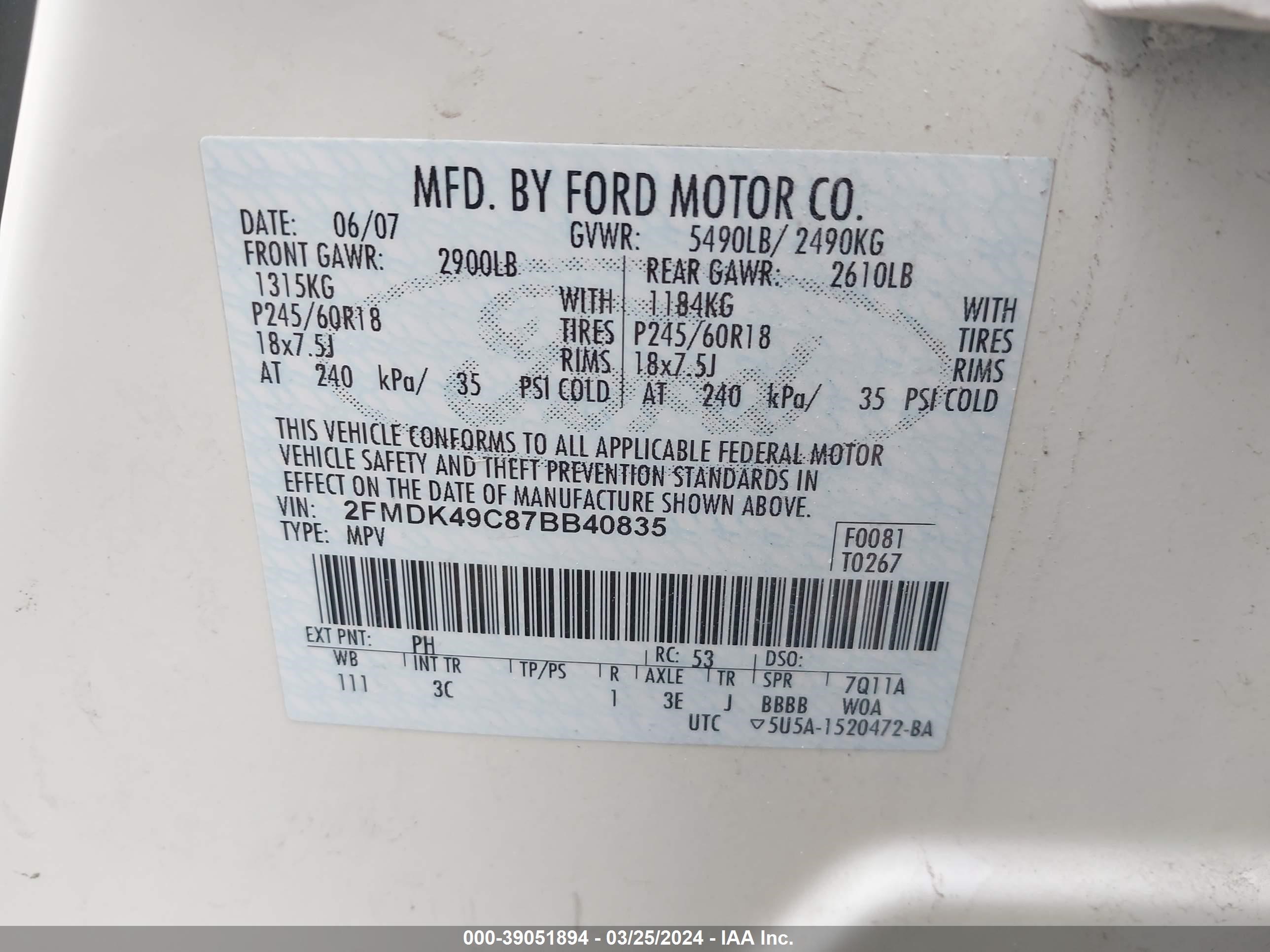 Photo 8 VIN: 2FMDK49C87BB40835 - FORD EDGE 