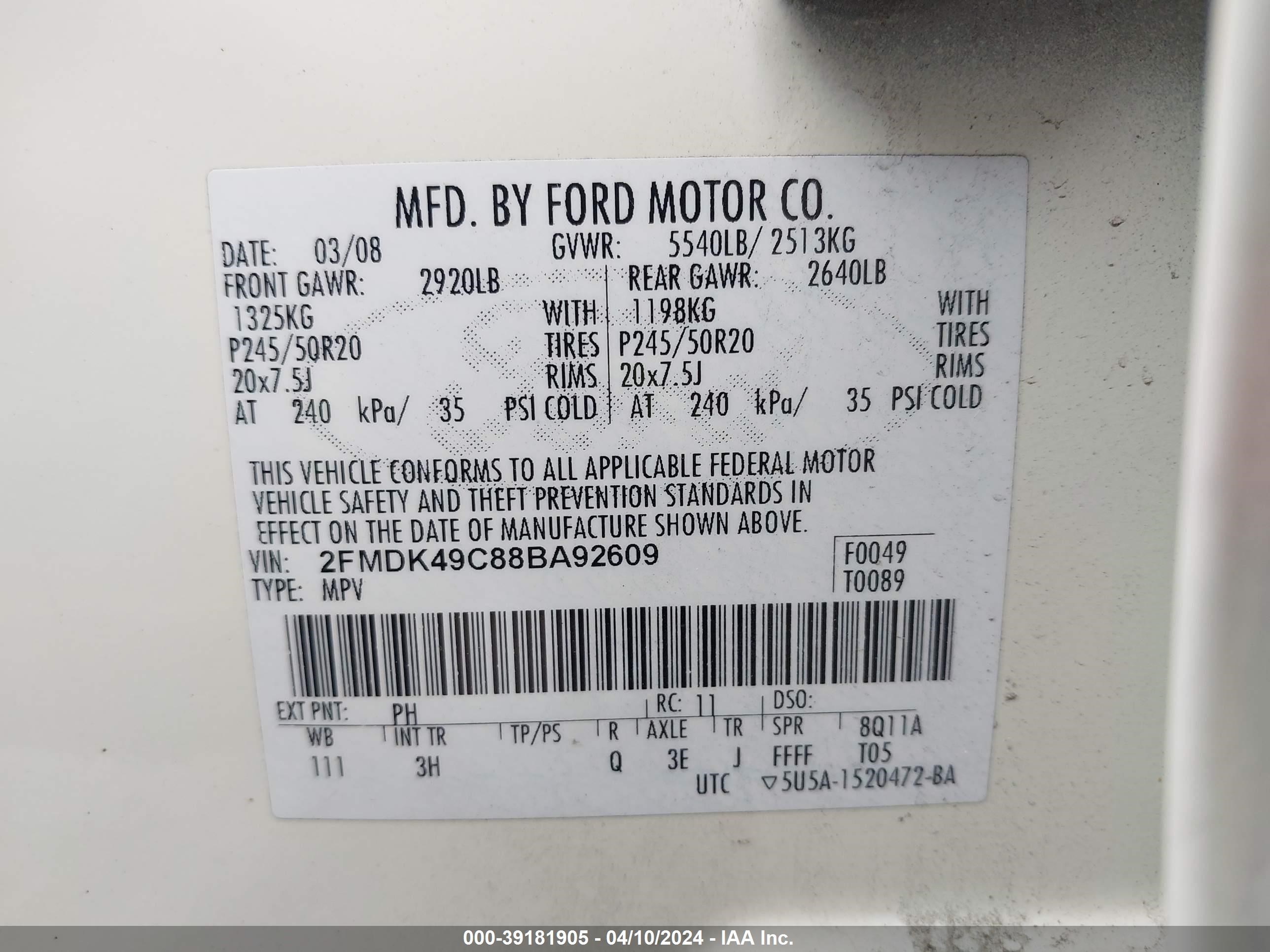 Photo 8 VIN: 2FMDK49C88BA92609 - FORD EDGE 