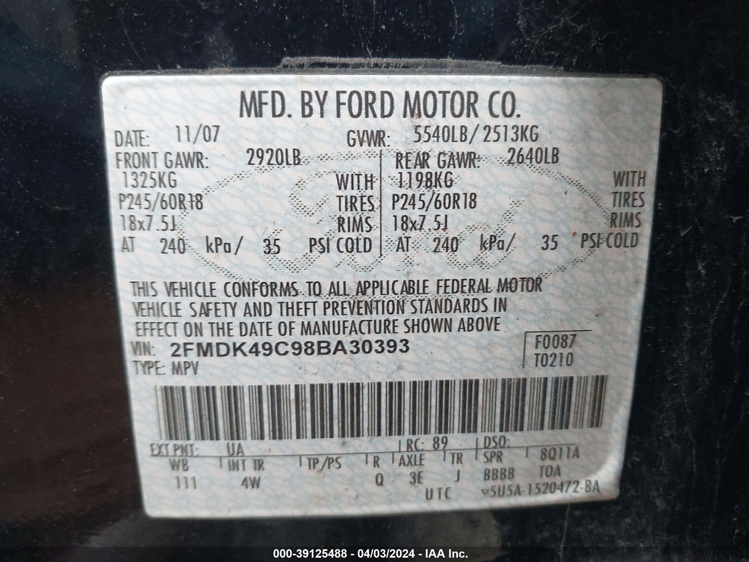 Photo 8 VIN: 2FMDK49C98BA30393 - FORD EDGE 