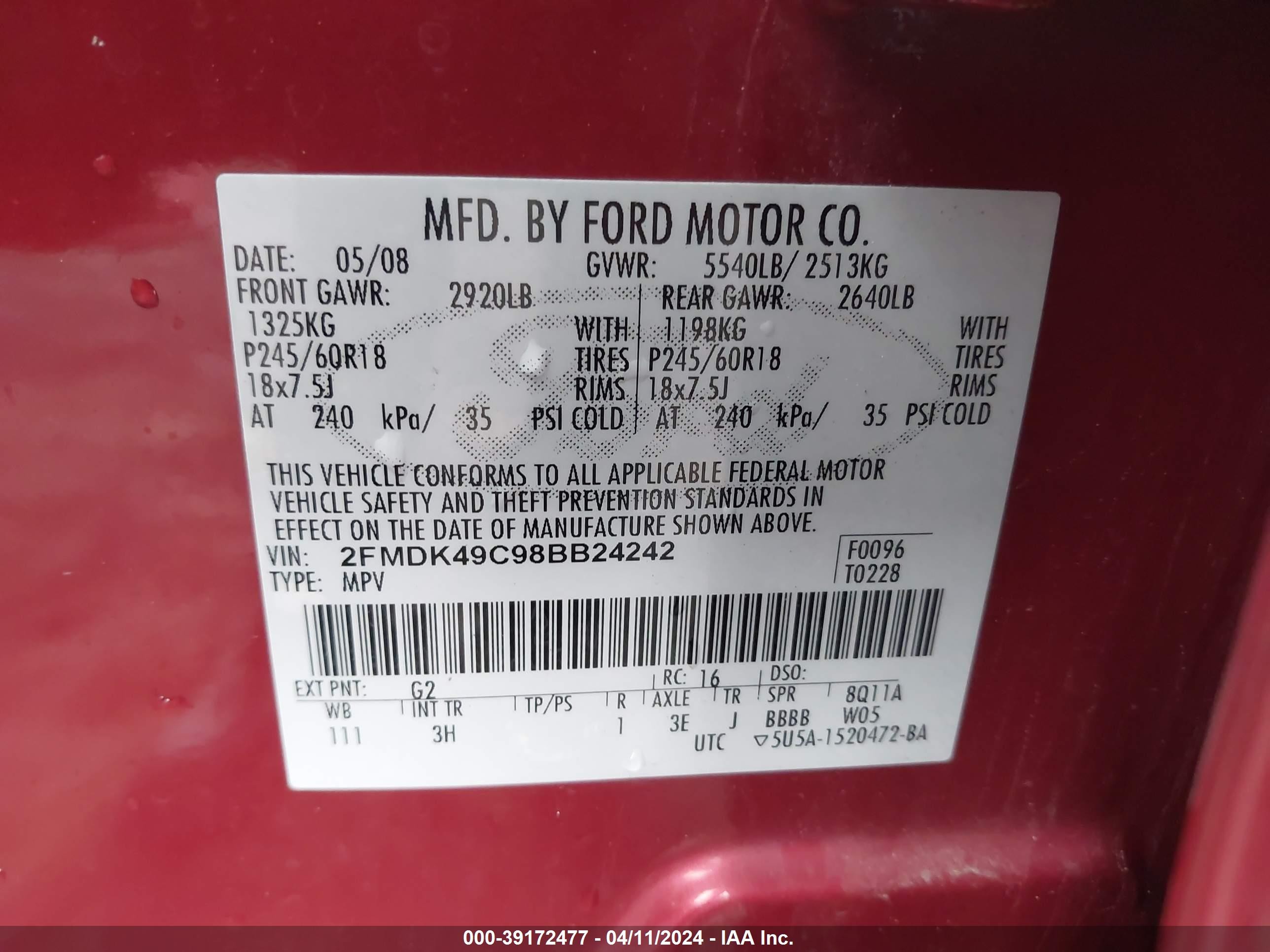 Photo 8 VIN: 2FMDK49C98BB24242 - FORD EDGE 