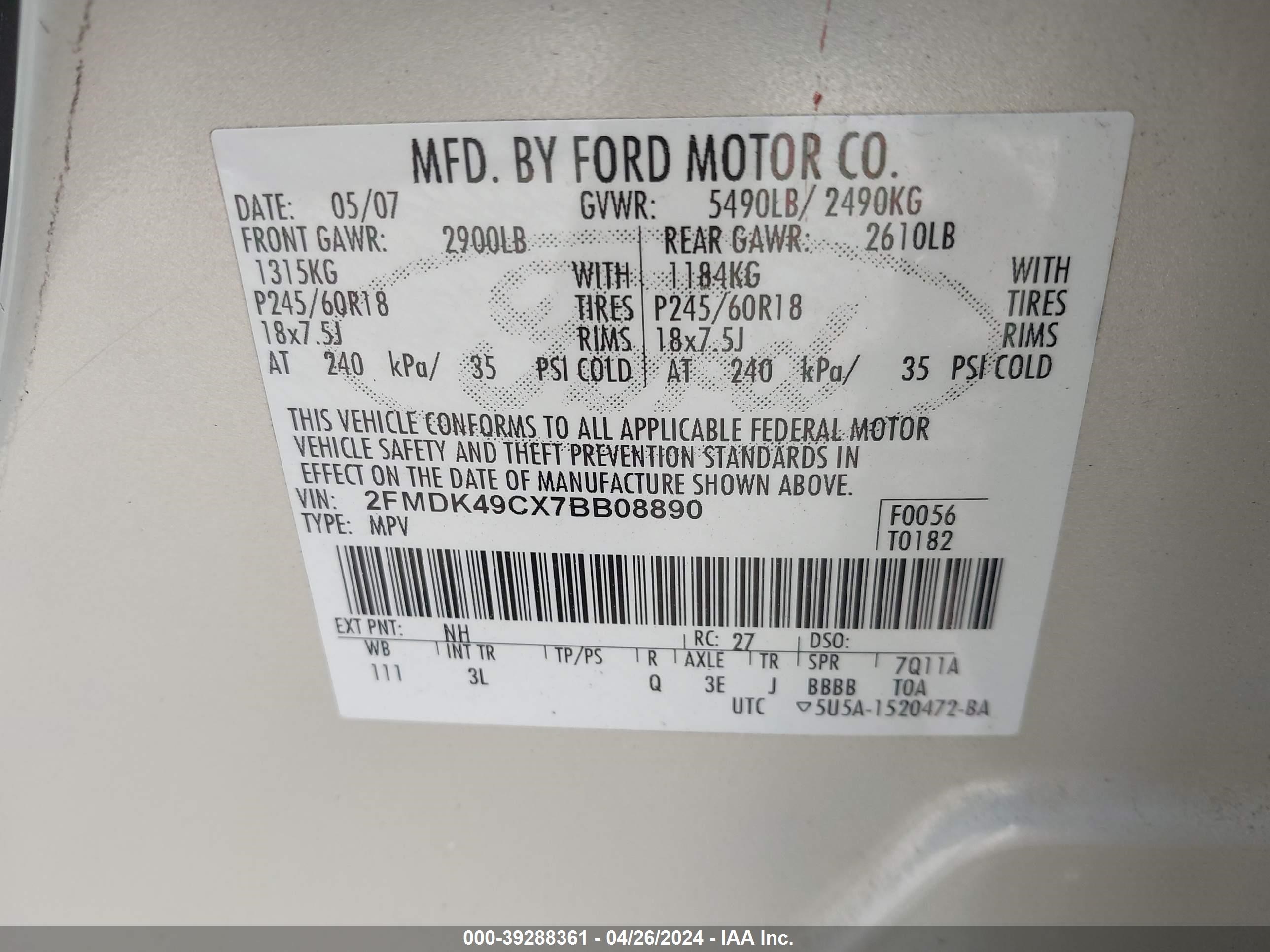 Photo 8 VIN: 2FMDK49CX7BB08890 - FORD EDGE 