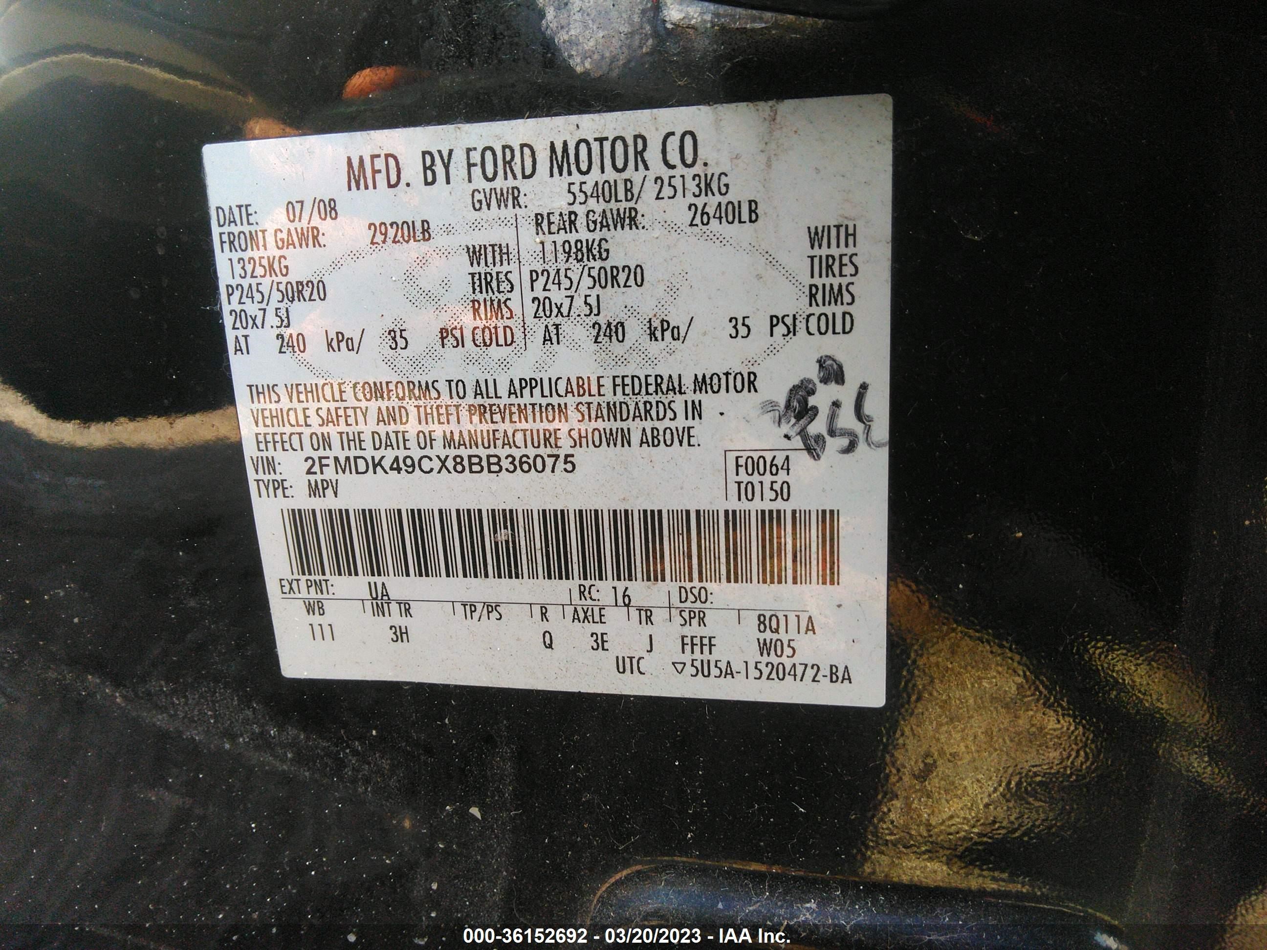 Photo 8 VIN: 2FMDK49CX8BB36075 - FORD EDGE 