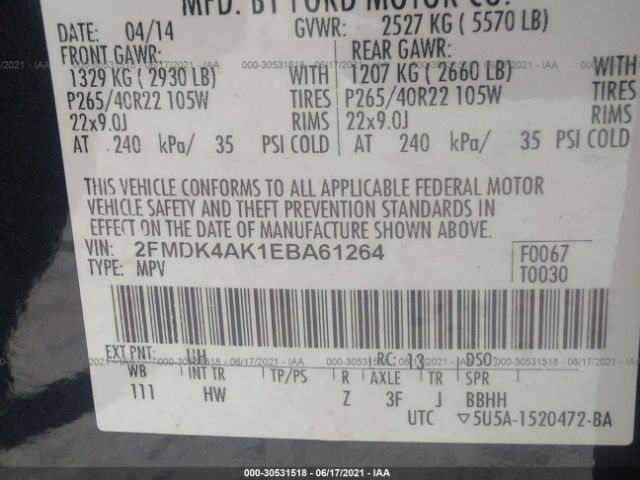 Photo 8 VIN: 2FMDK4AK1EBA61264 - FORD EDGE 