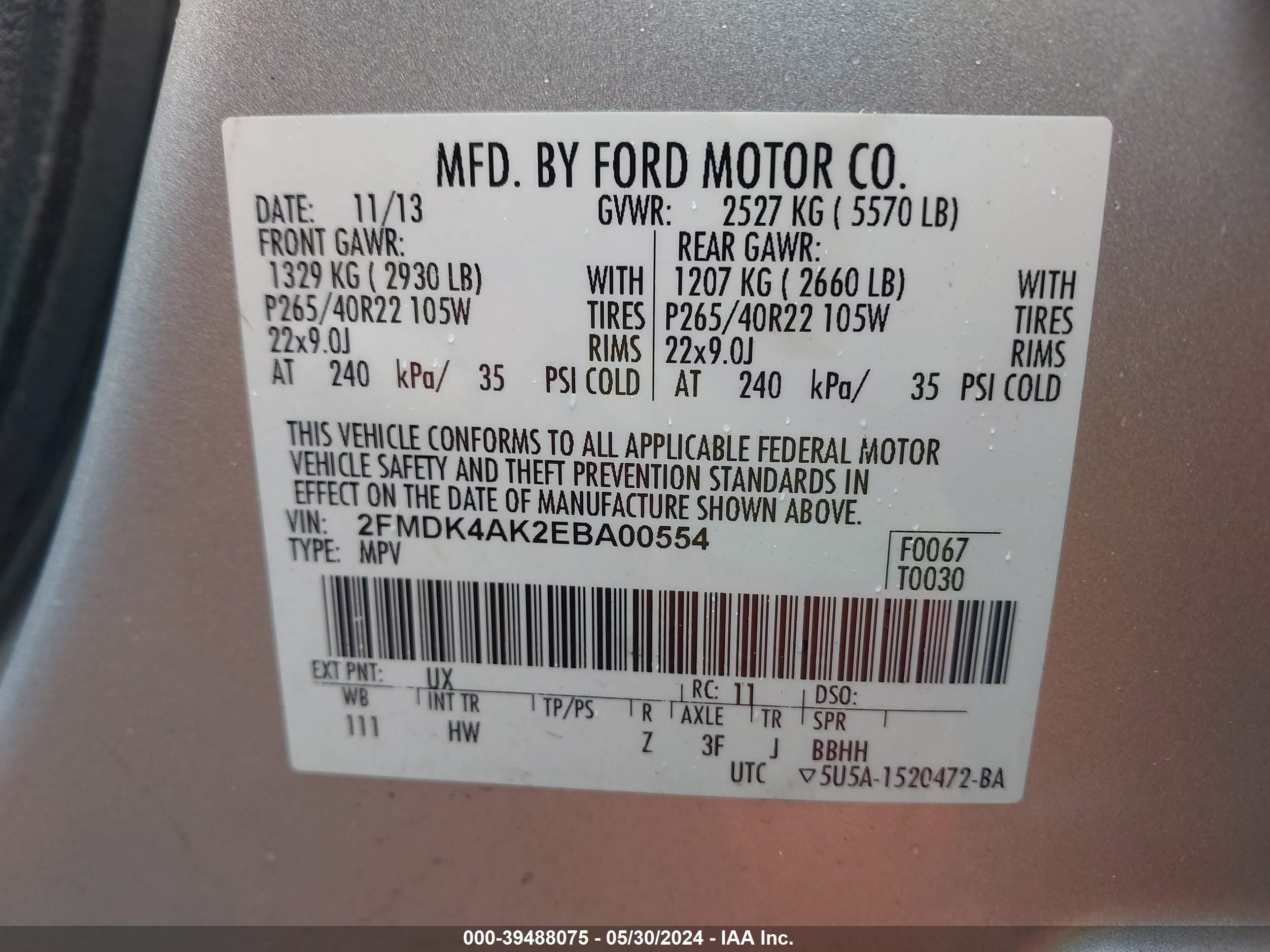 Photo 8 VIN: 2FMDK4AK2EBA00554 - FORD EDGE 