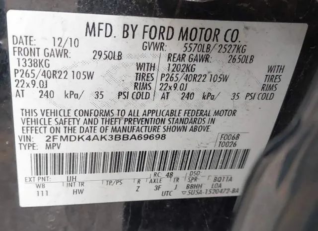 Photo 8 VIN: 2FMDK4AK3BBA69698 - FORD EDGE 