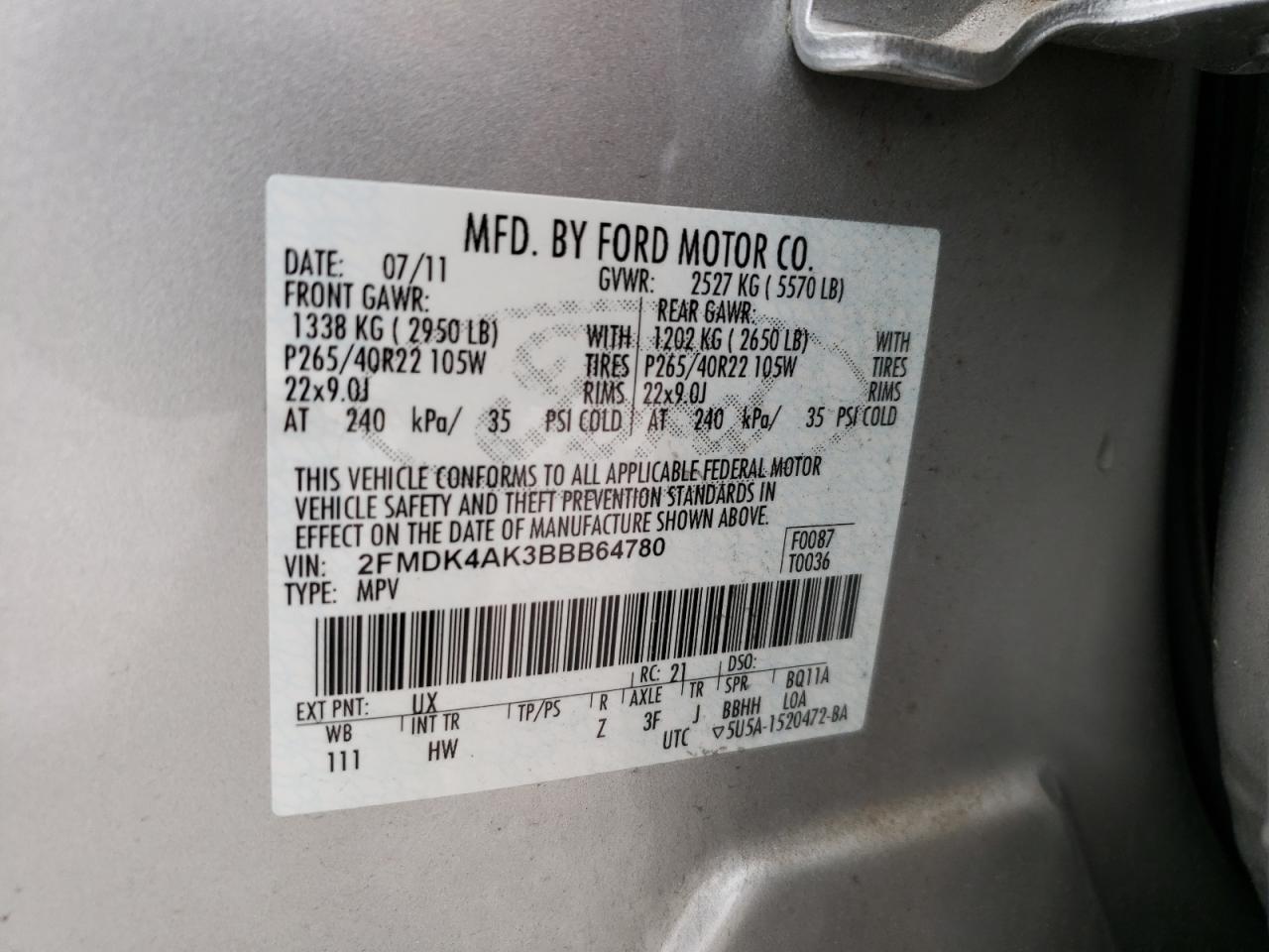 Photo 12 VIN: 2FMDK4AK3BBB64780 - FORD EDGE 