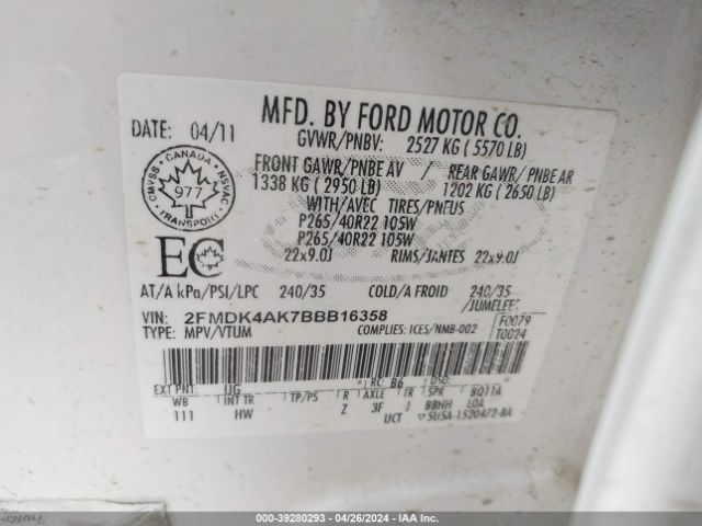 Photo 8 VIN: 2FMDK4AK7BBB16358 - FORD EDGE 