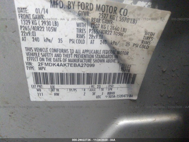 Photo 8 VIN: 2FMDK4AK7EBA27099 - FORD EDGE 