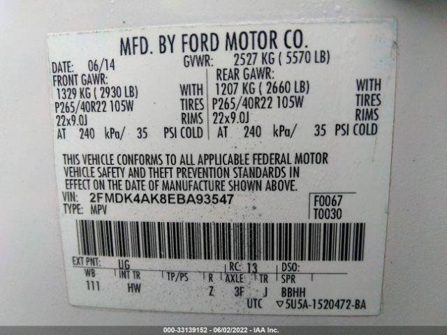 Photo 8 VIN: 2FMDK4AK8EBA93547 - FORD EDGE 