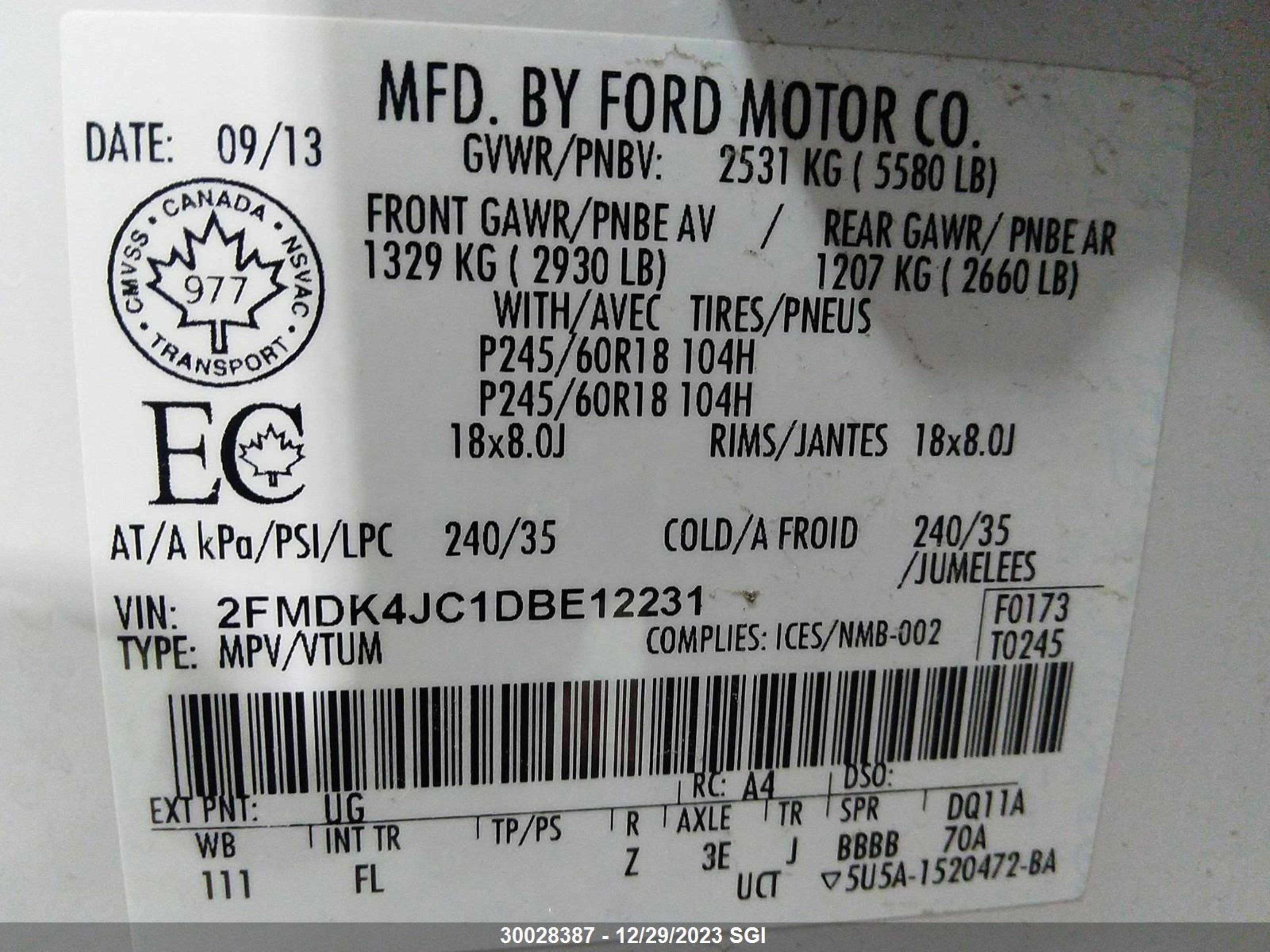 Photo 8 VIN: 2FMDK4JC1DBE12231 - FORD EDGE 