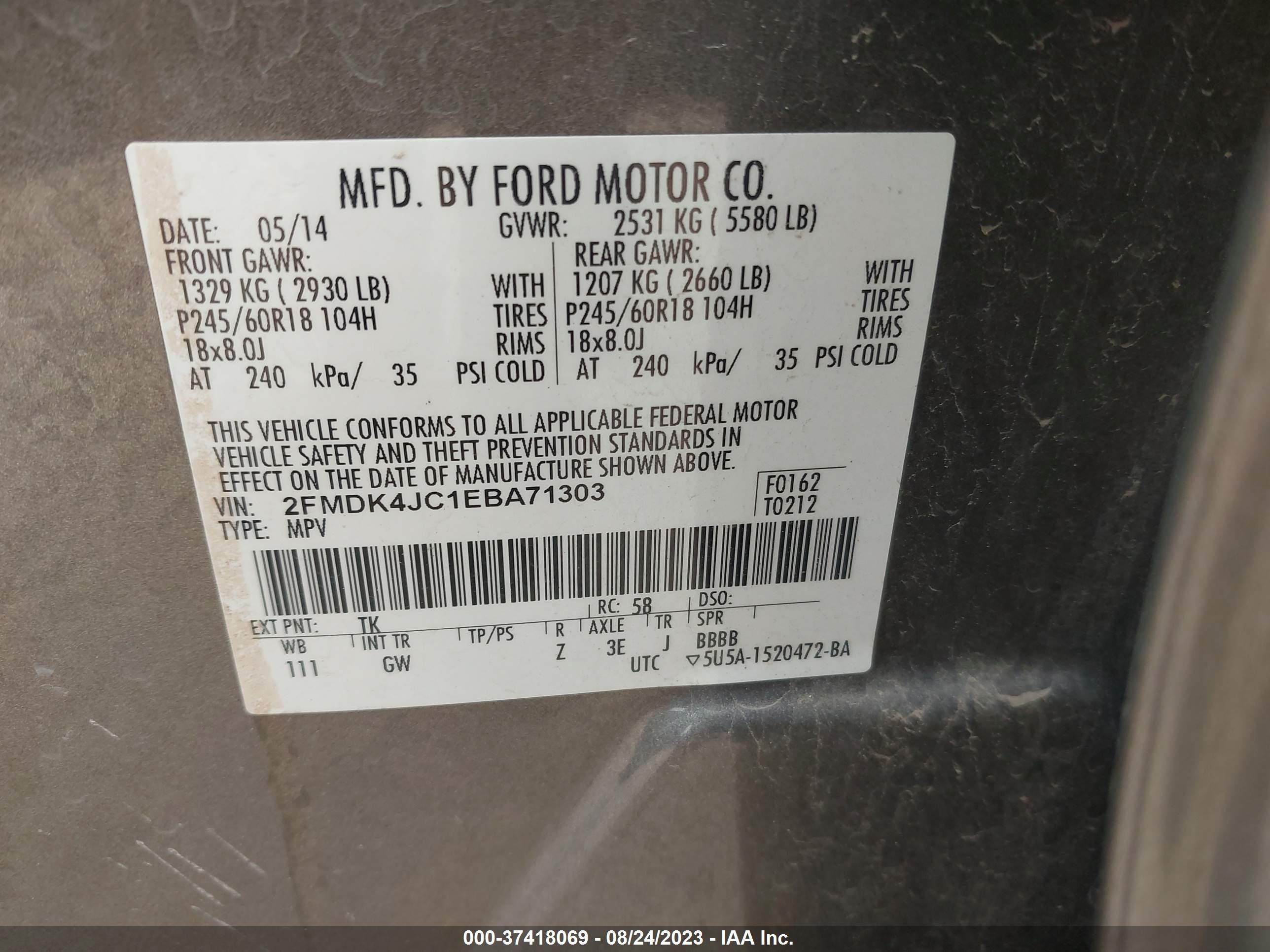 Photo 8 VIN: 2FMDK4JC1EBA71303 - FORD EDGE 