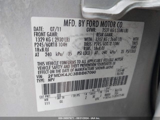 Photo 8 VIN: 2FMDK4JC3BBB67090 - FORD EDGE 