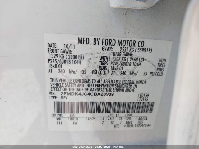 Photo 8 VIN: 2FMDK4JC4CBA28989 - FORD EDGE 