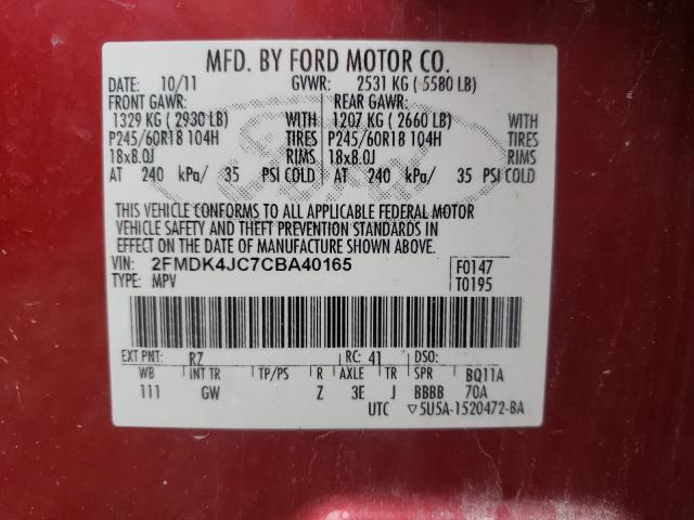 Photo 9 VIN: 2FMDK4JC7CBA40165 - FORD EDGE SEL 