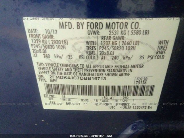 Photo 8 VIN: 2FMDK4JC7DBB16713 - FORD EDGE 