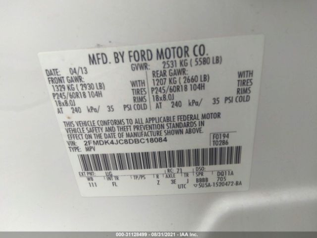 Photo 8 VIN: 2FMDK4JC8DBC18084 - FORD EDGE 