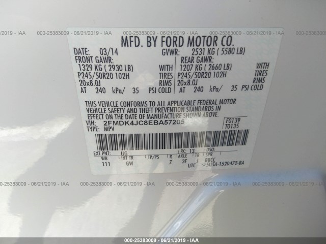 Photo 8 VIN: 2FMDK4JC8EBA57205 - FORD EDGE 