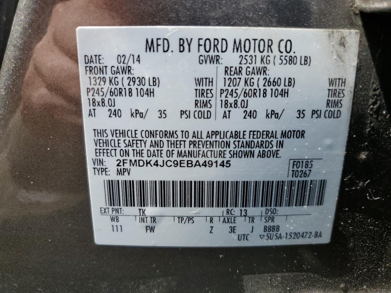 Photo 12 VIN: 2FMDK4JC9EBA49145 - FORD EDGE 