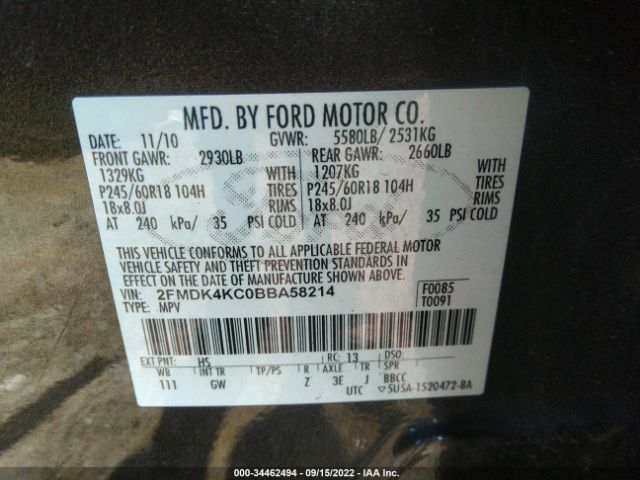 Photo 8 VIN: 2FMDK4KC0BBA58214 - FORD EDGE 