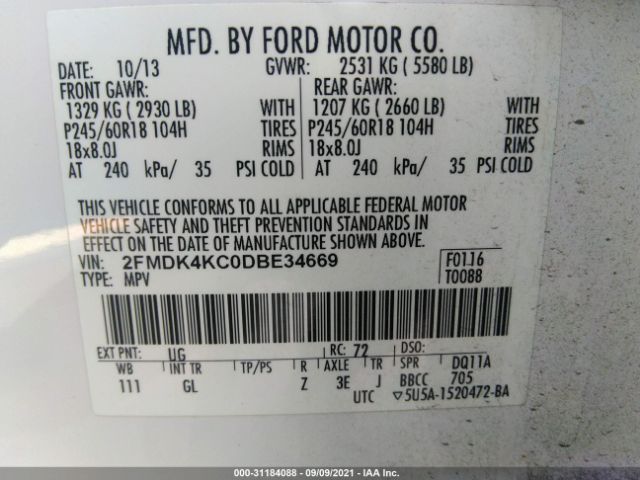 Photo 8 VIN: 2FMDK4KC0DBE34669 - FORD EDGE 