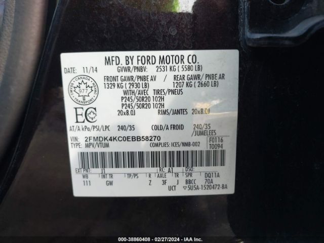 Photo 8 VIN: 2FMDK4KC0EBB58270 - FORD EDGE 