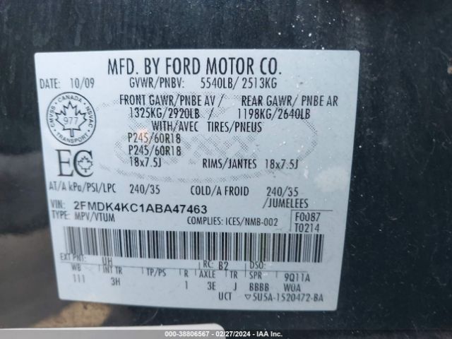 Photo 8 VIN: 2FMDK4KC1ABA47463 - FORD EDGE LIMIT 