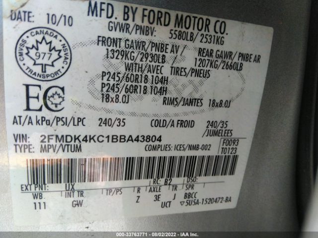 Photo 8 VIN: 2FMDK4KC1BBA43804 - FORD EDGE 