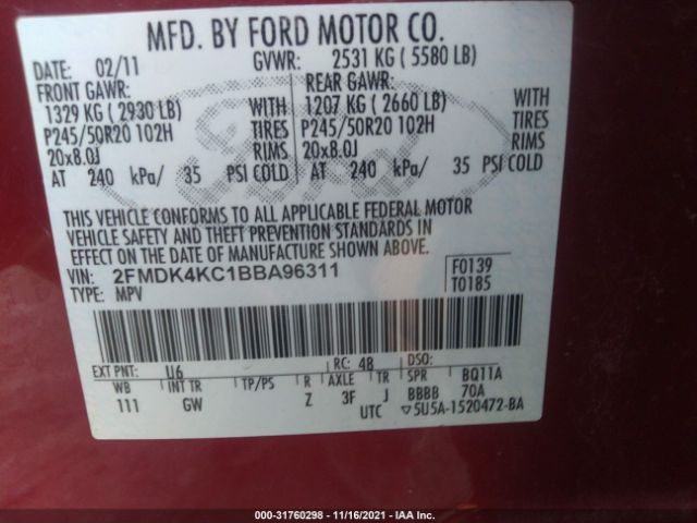 Photo 8 VIN: 2FMDK4KC1BBA96311 - FORD EDGE 