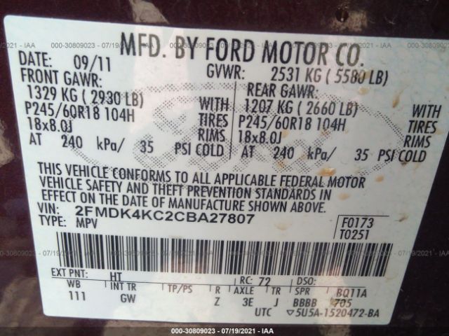 Photo 8 VIN: 2FMDK4KC2CBA27807 - FORD EDGE 